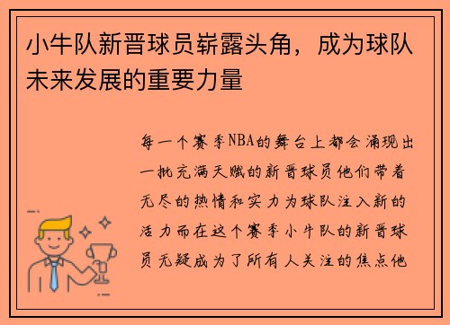 小牛队新晋球员崭露头角，成为球队未来发展的重要力量