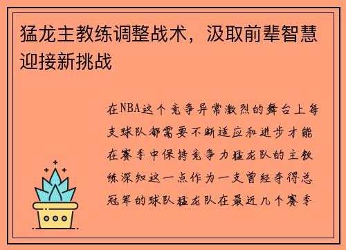 猛龙主教练调整战术,汲取前辈智慧迎接新挑战